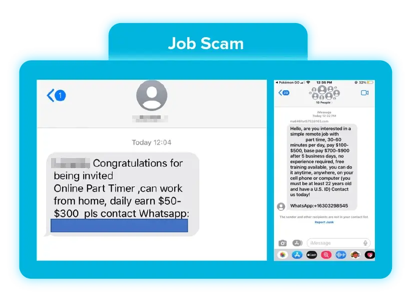 Screenshot of SMS job scam example