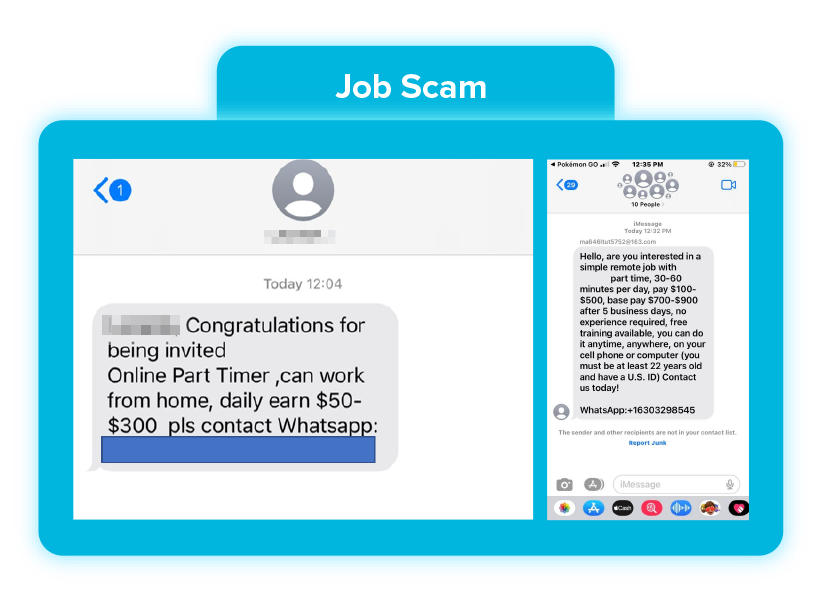 Screenshot of SMS job scam example