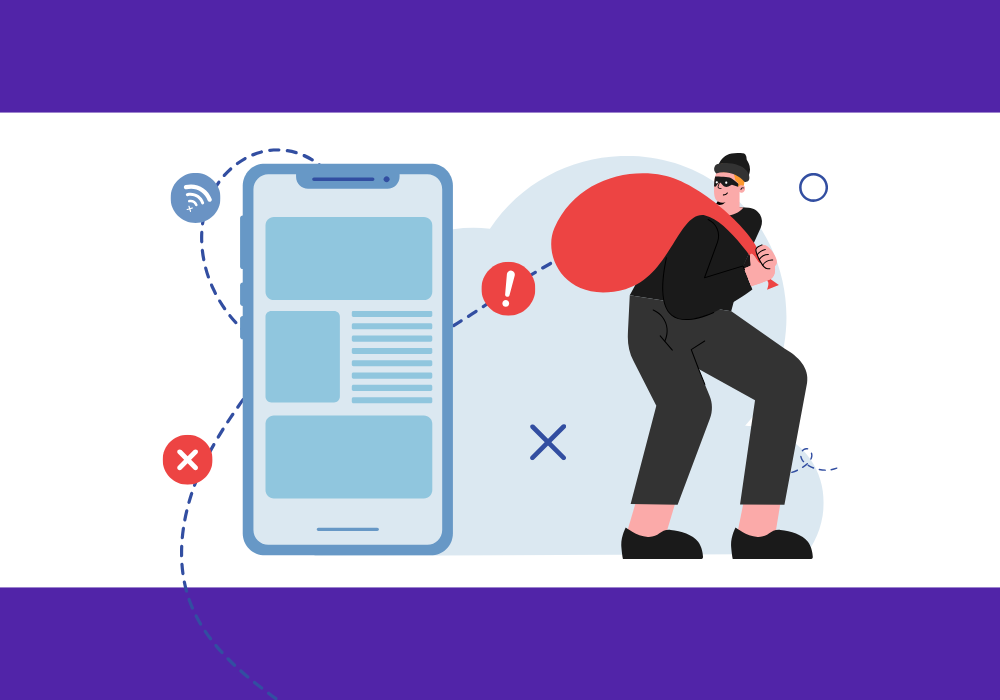 Cybersecurity threat illustration with thief and mobile app